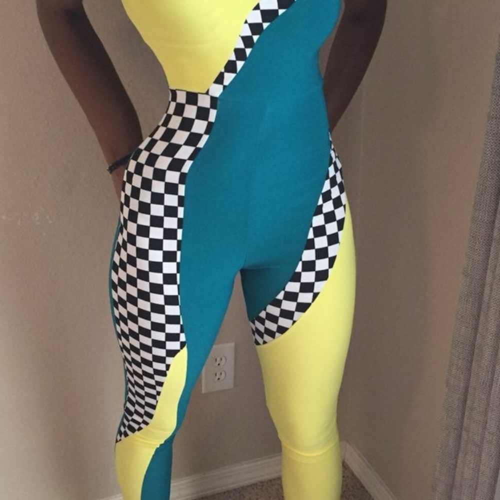Source Unknown Teal and Yellow Checkered Jumpsuit